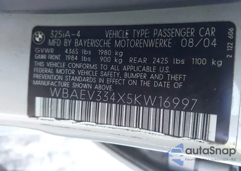 2005 BMW 325I from USA, damaged, VIN WBAEV334X5KW16997